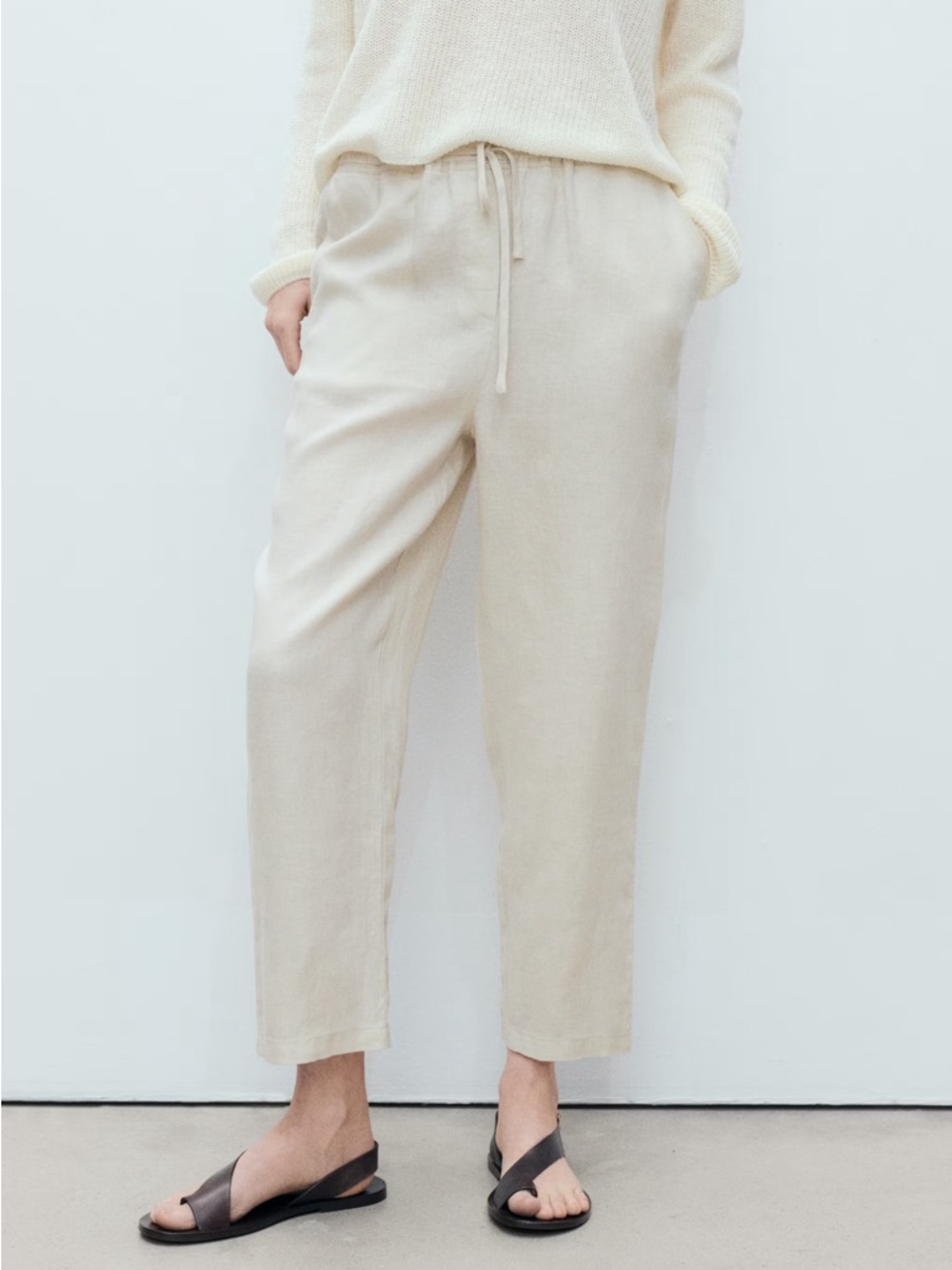 MANGO Linen Straight Leg Drawstring Elastic Waist Beach Quiet Luxury Pants \\ S